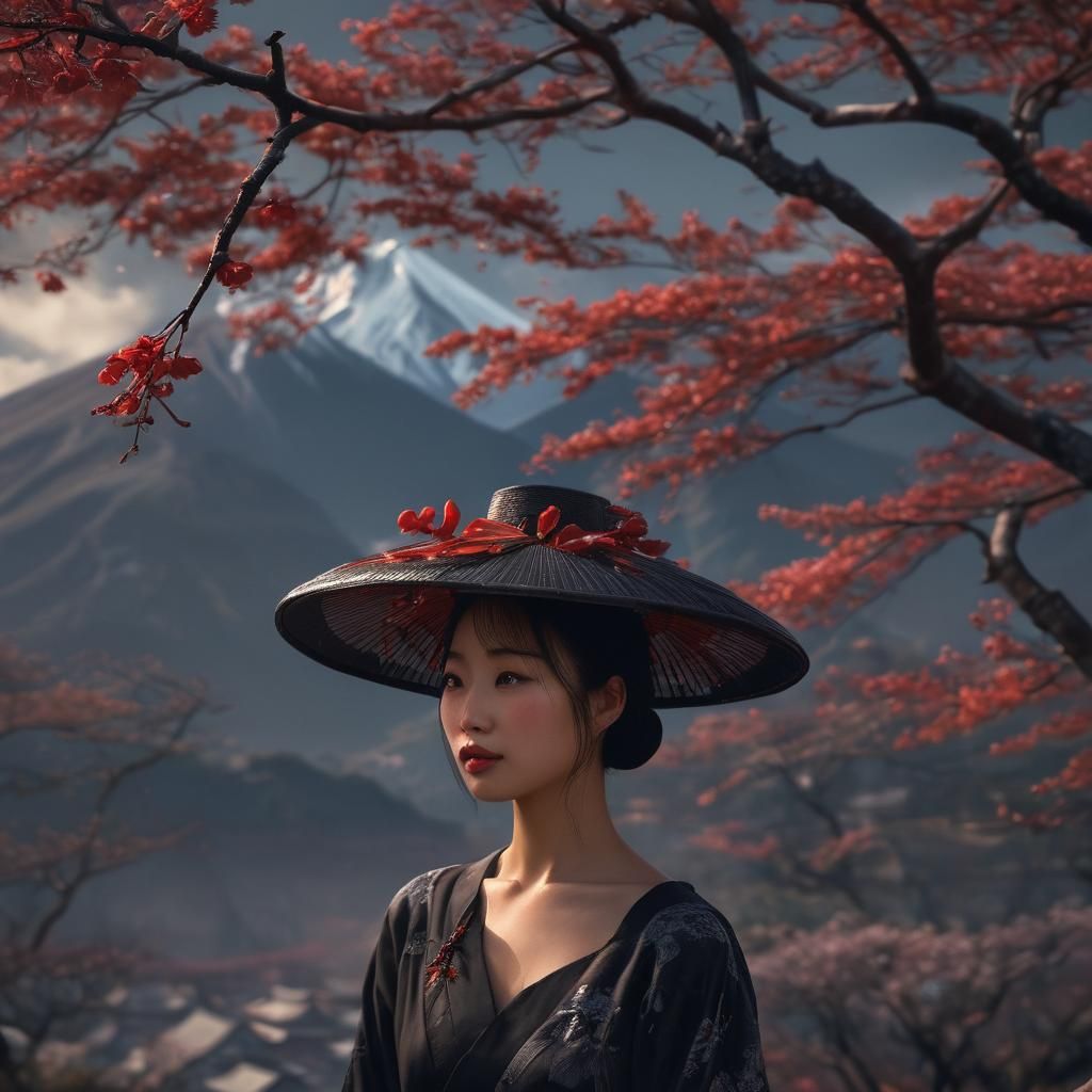 Chinese Woman at Mount Fuji: Gouache Impressionist Painting