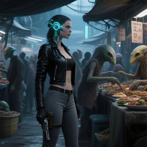 Cyberpunk Woman in Alien Market with Cybernetic Enhancements