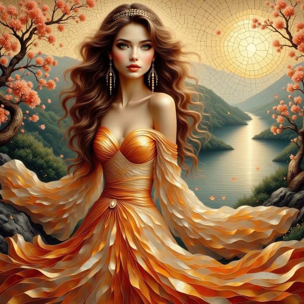 Shimmering Mosaic Portrait of Woman in Autumnal Setting