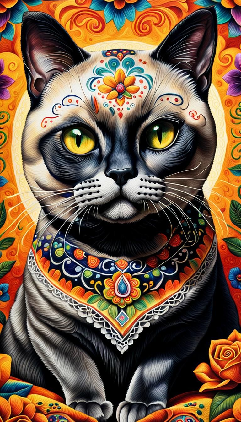 A chubby siamese cat with dia de los muertos face paint