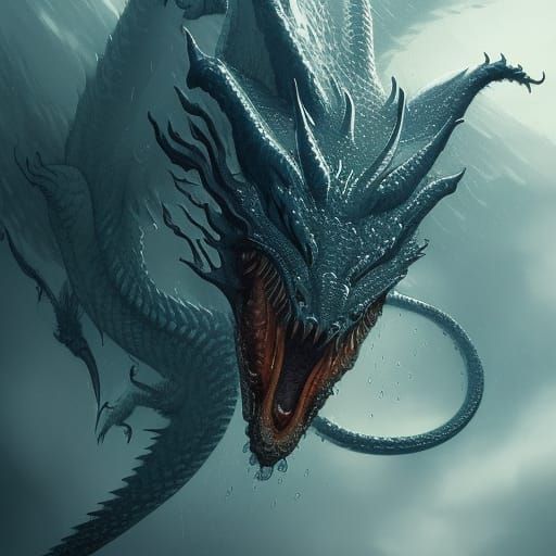 Water Dragon in Rain, Hyperdetailed Fantasy Art