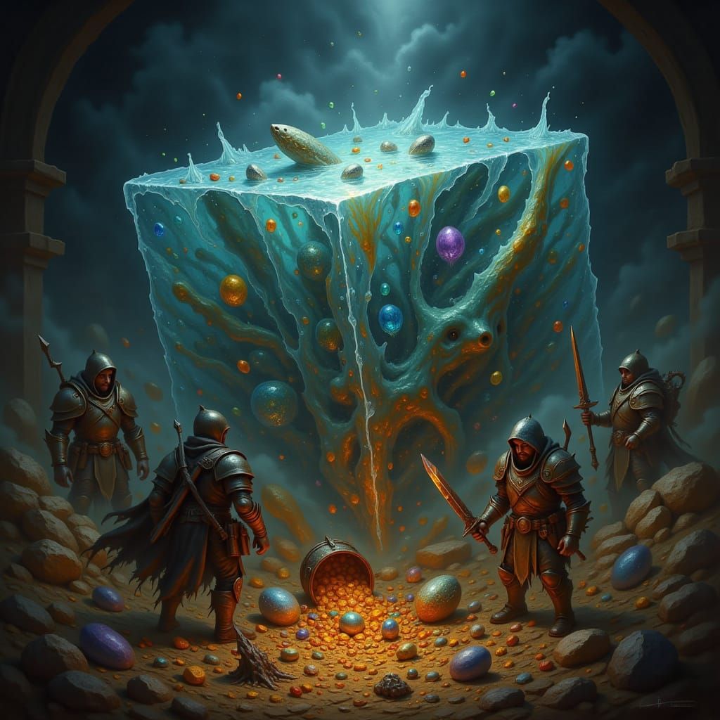 RPG Ooze Cube Engulfs Adventurers and Loot in Dark Fantasy A...