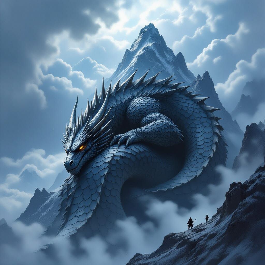 Ancient Obsidian Dragon Sleeps on Mountain Peak