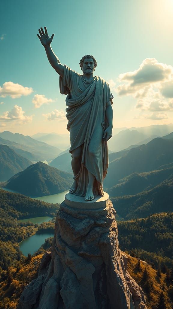 Colossal Greek God Statue Overlooking Vibrant Landscape