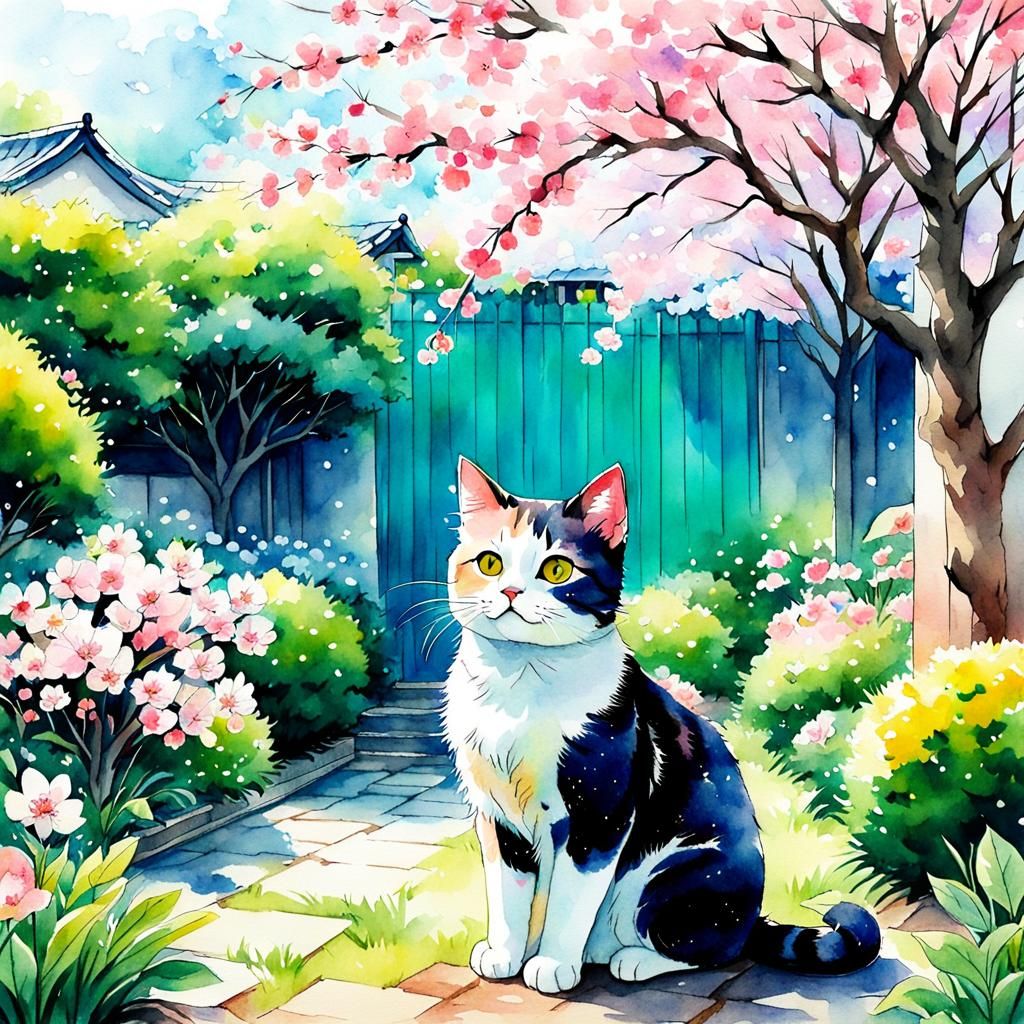 Vibrant Watercolor Cat Under Sakura Tree in Anime Style