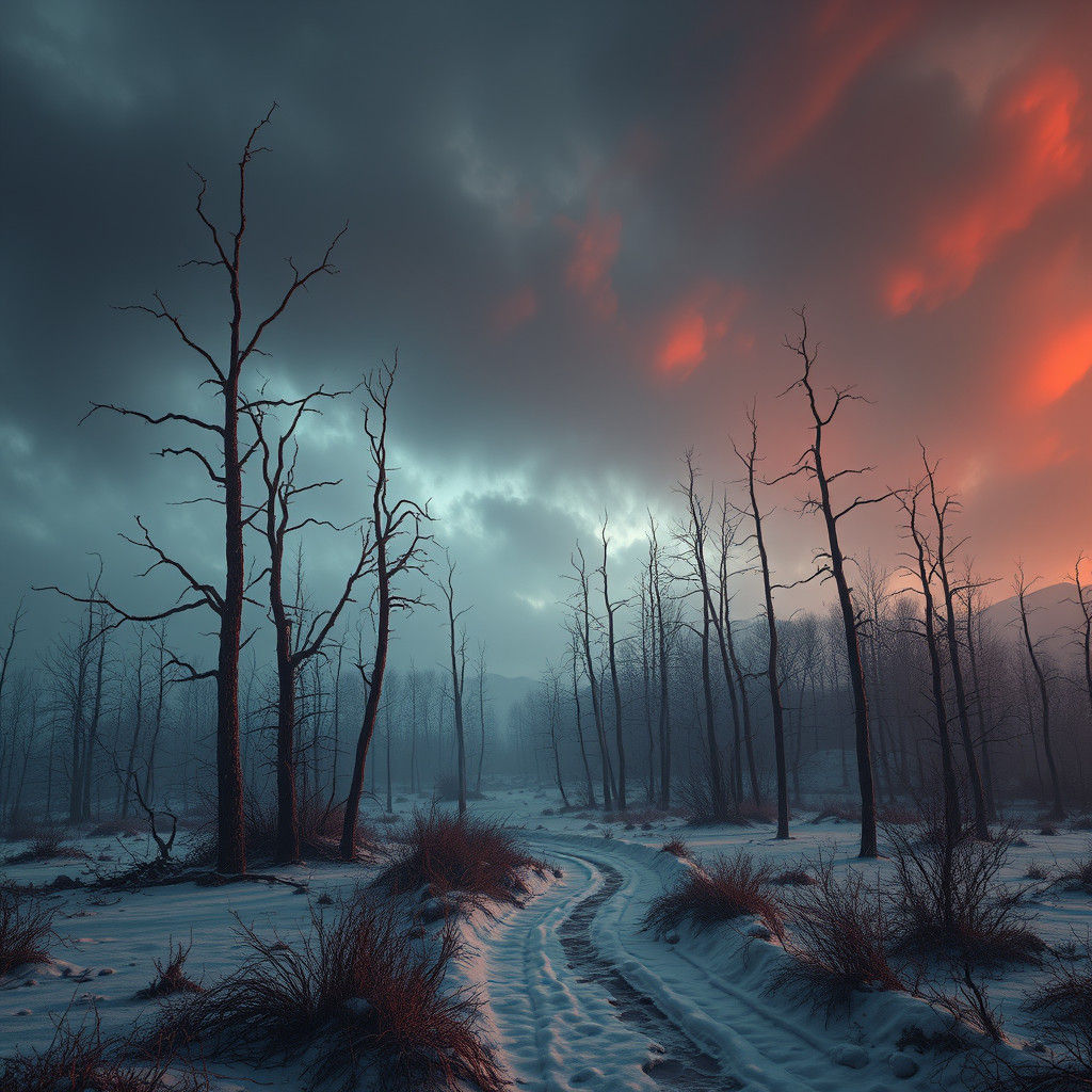 Haunting Winter Landscape in Beksiński and Stalenhag Style