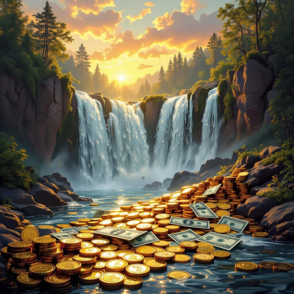 Money Waterfall With Gold Coins Hyperrealistic Style