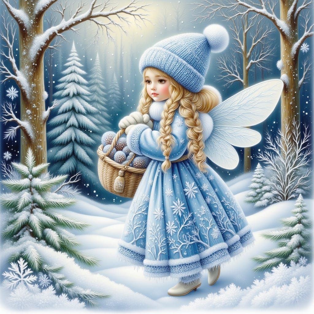 Fairy in Blue Dress in Winter Forest