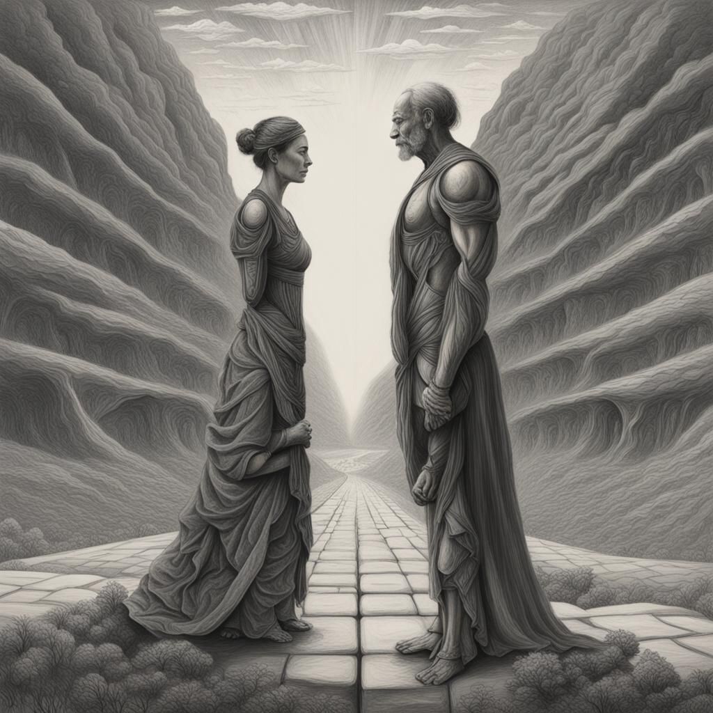 Antithetical Figures in Charcoal Drawing