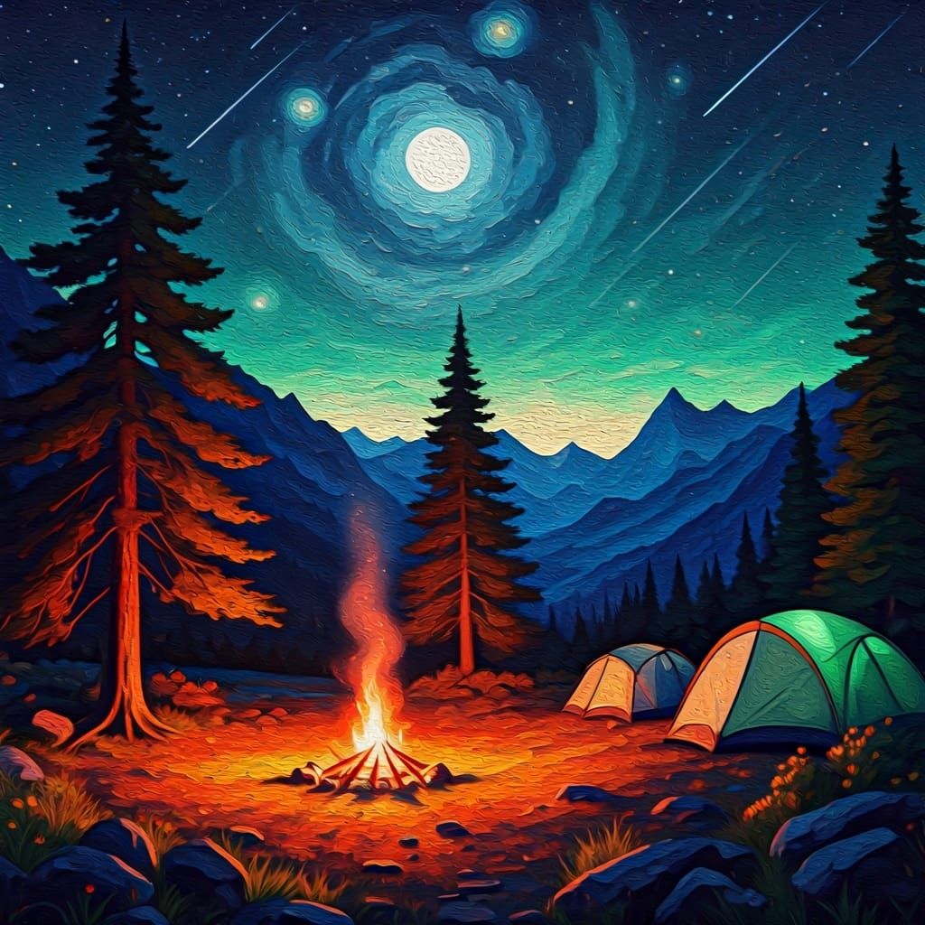 Neon Camping Scene as Impressionistic Oil Painting