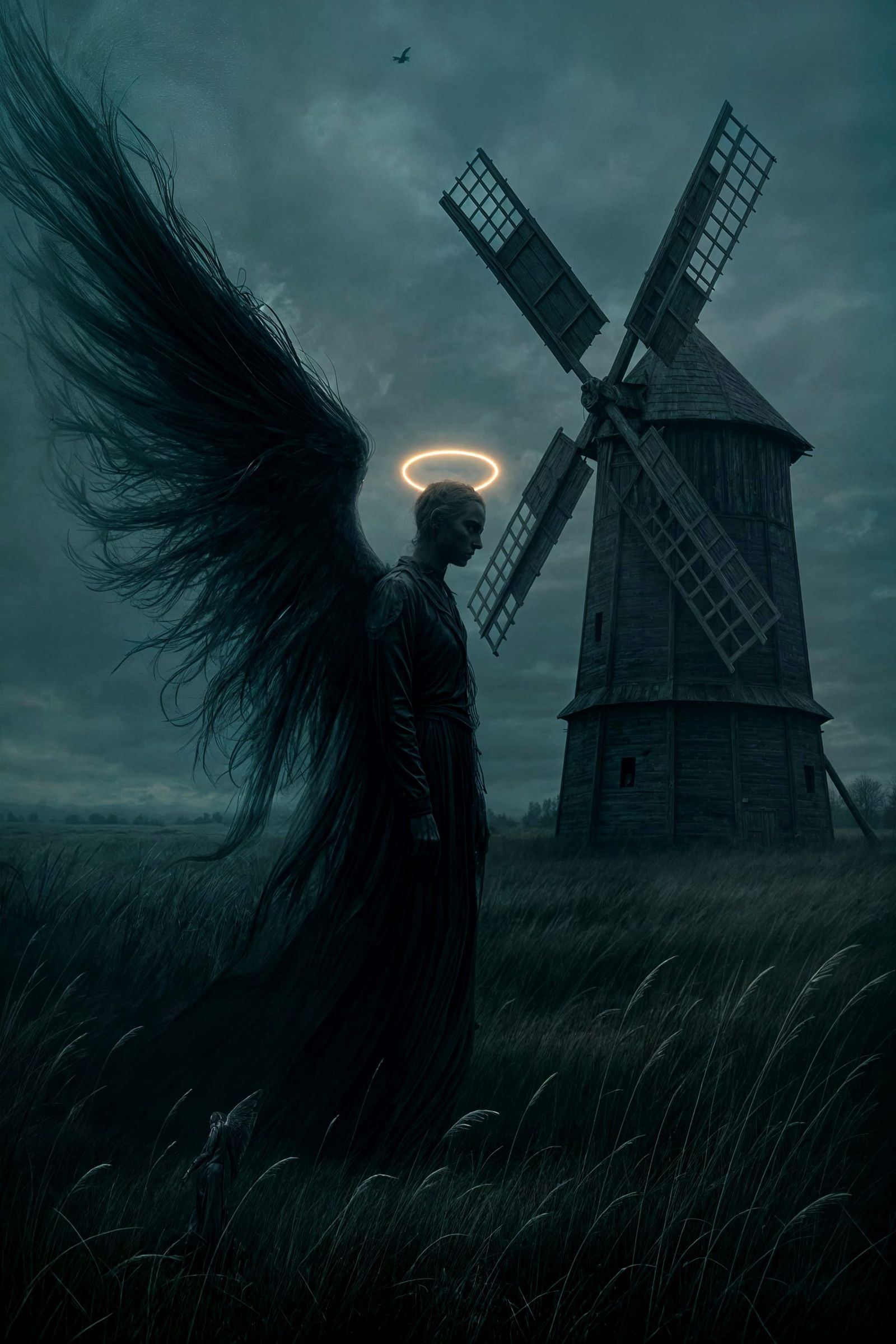 Dark Angel with Ethereal Wing Beside Windmill