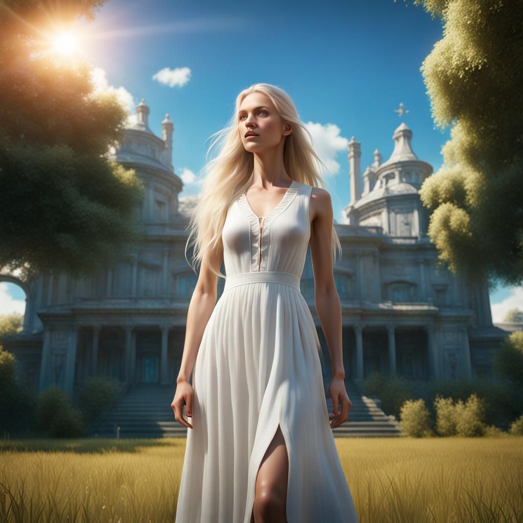 Woman in White Dress on Lawn: Fantasy Art