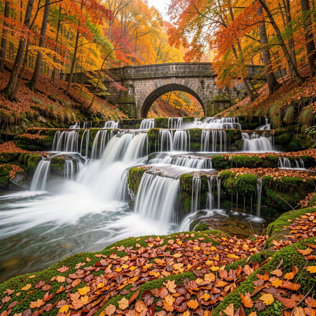 Long Exposure Waterfall in Autumn Forest - Photorealistic