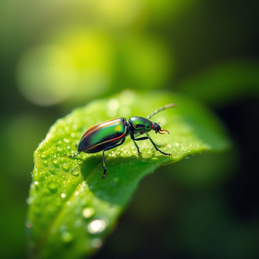 Iridescent Beetle on Leaf Macro Photography