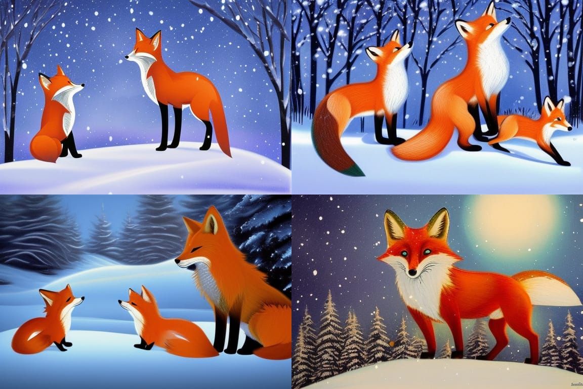 Foxes in Winter Snow Under Moonlight
