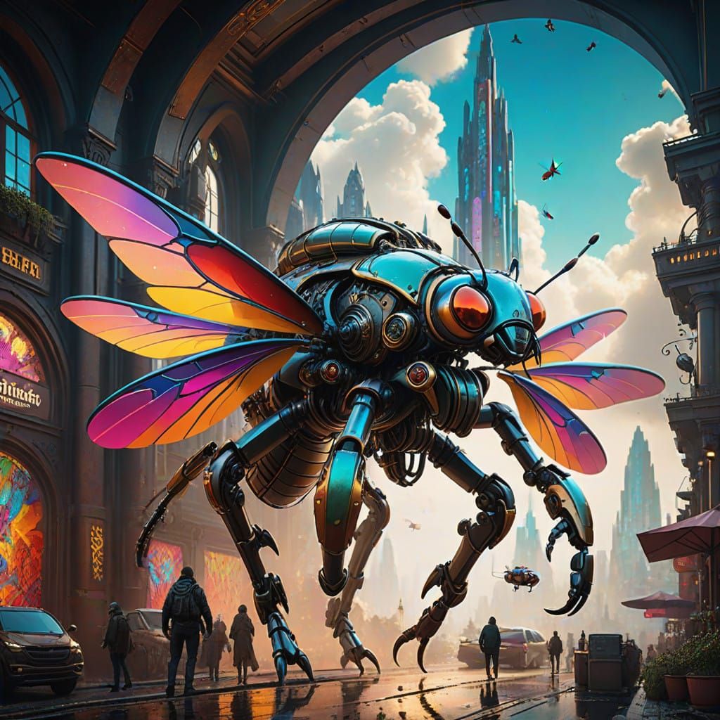 Surreal Bug Riders Soar Through a Vibrant, Fantastical Sky