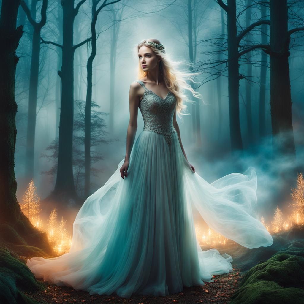 Ethereal Woman Between Worlds in Fantasy Landscape