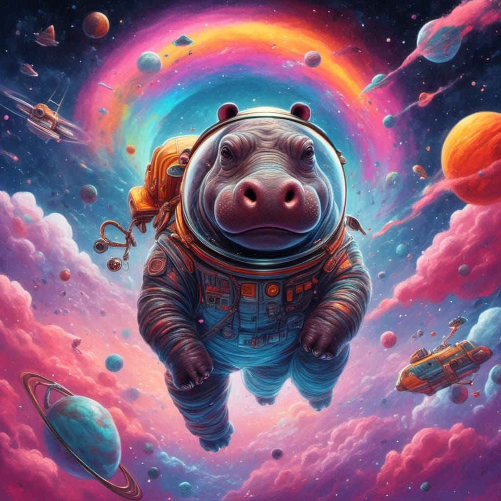 Hippo Astronaut in Whimsical Pastel Space Scene