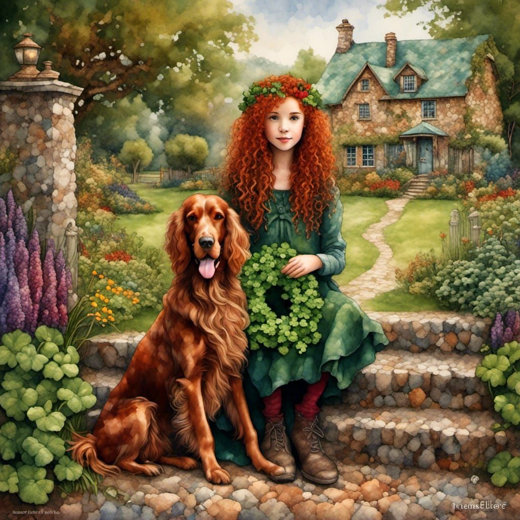 Irish Girl in Shamrock Garden with Dog