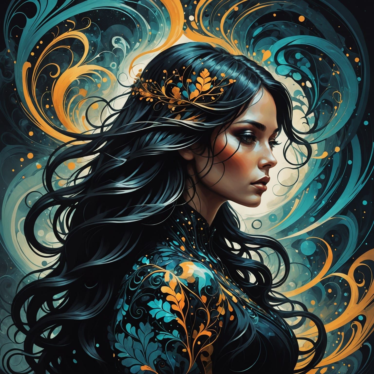 Surreal Bond Girl Silhouette with Fractal Obsidian Hair