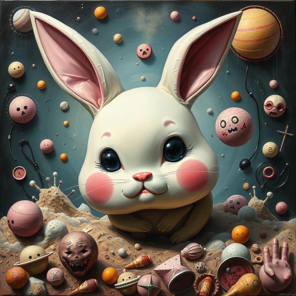 Impasto Baby Chibi Bunny in Dystopian Art Deco Vortex