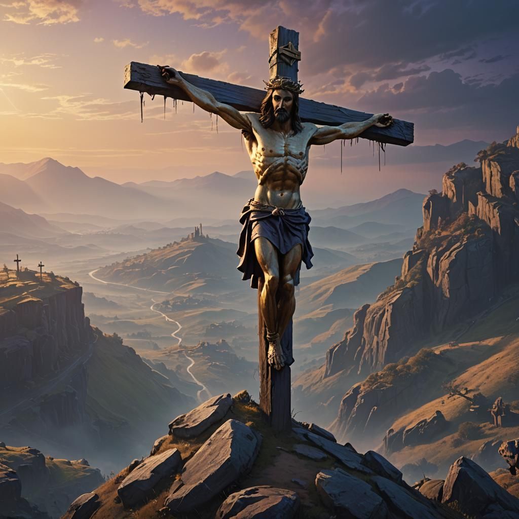 Ethereal Fantasy Jesus Crucified Amidst Mysterious Golden Ho...