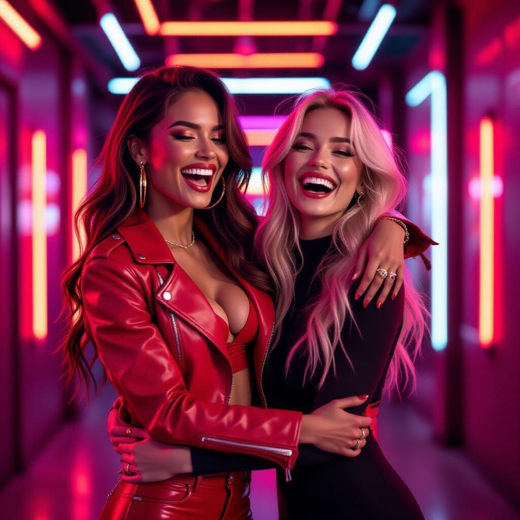 Two Women Laughing in Neon Urban Street Style