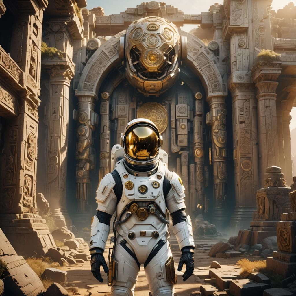 Astronaut in Ruins: Sci-Fi Discovery in Golden Light