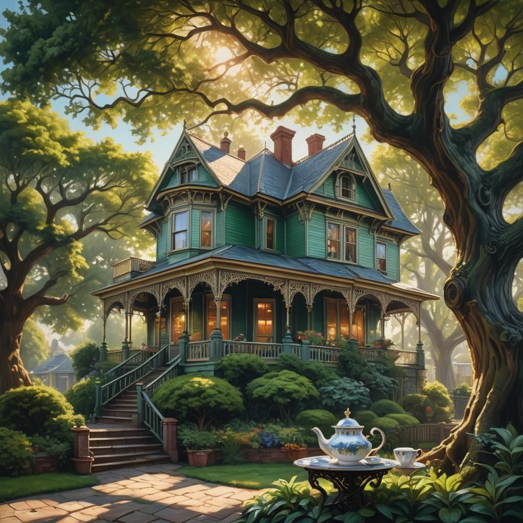 Victorian House with Tea Set: Oil Painting Illustration