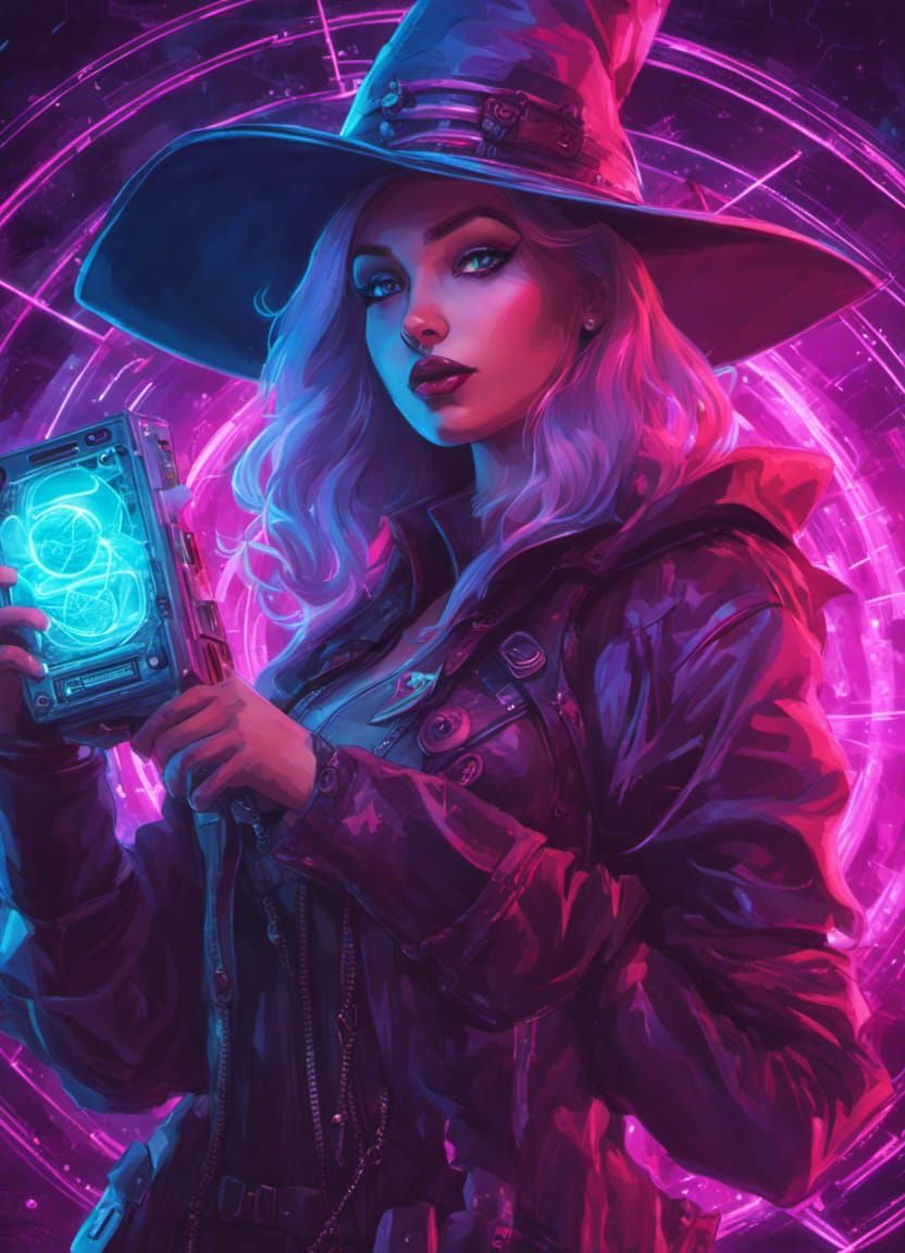 Neonpunk Witch Holding Electric Techno-Bomb