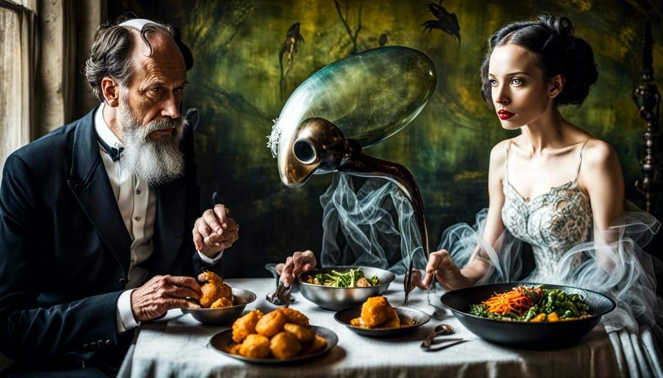 Surreal Alien Restaurant Celebration in Detailed Photography