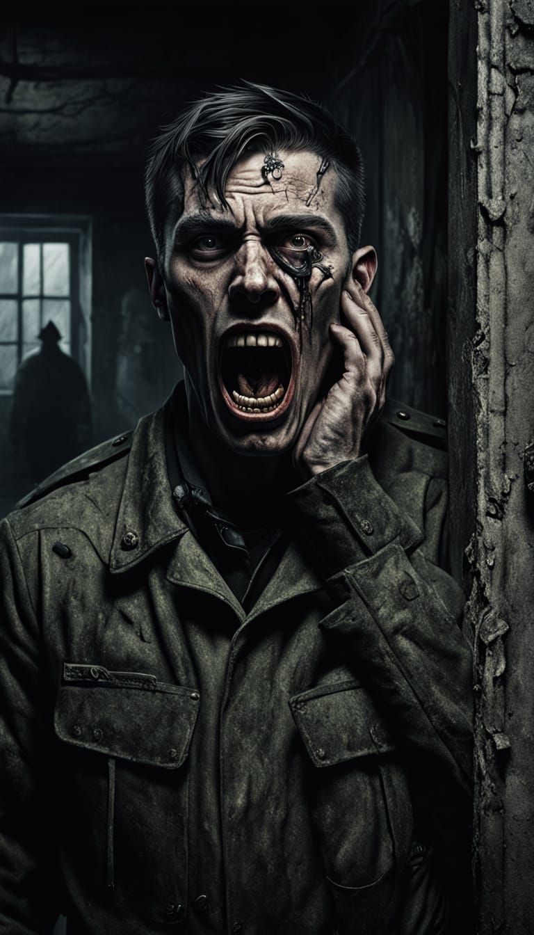 Surrealist Soldier's Silent Scream in Cold War Barracks