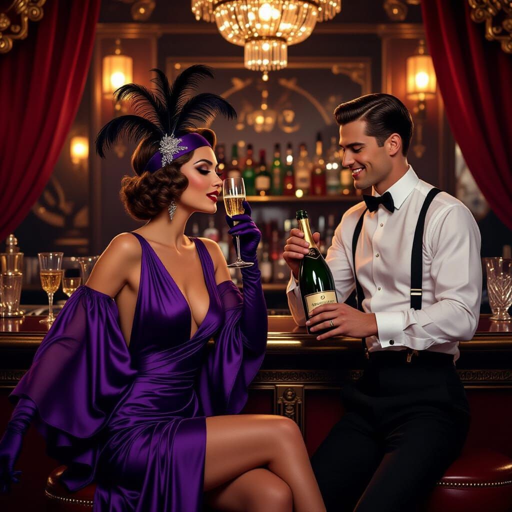 Femme Fatale Sips Champagne in Art Deco Speakeasy