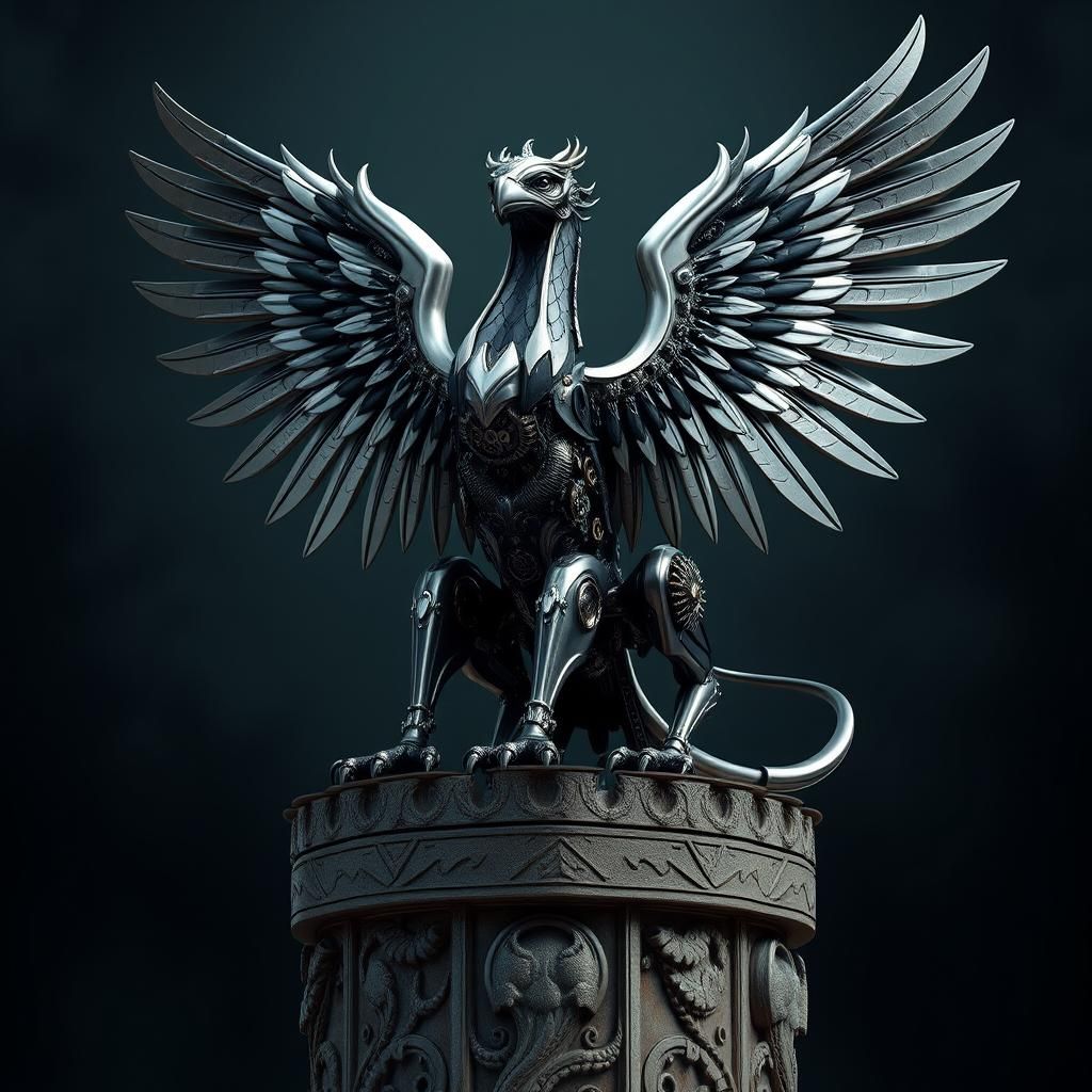 Art Deco Mechanical Griffin on Stone Pedestal