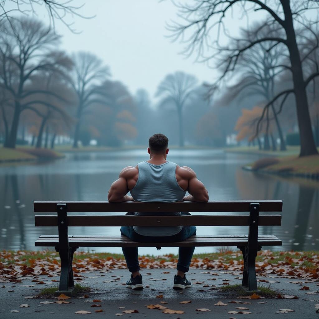 Muscular Man in Autumn Park, Somber Mood