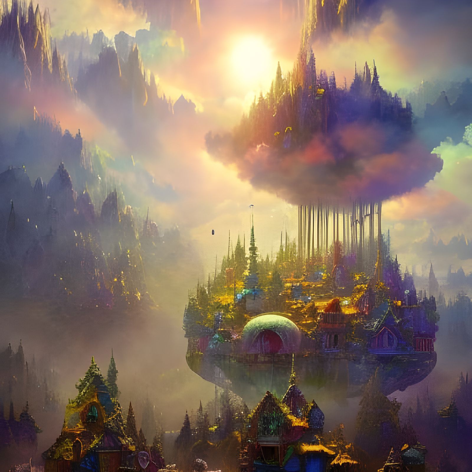 Fantasy Floating Cities Above Clouds: Dreamlike Aerial View