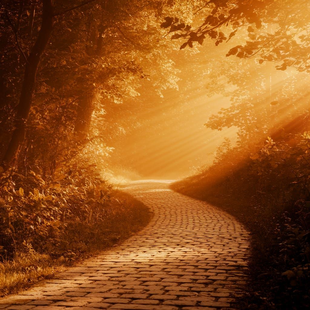 Sunlit Path Disappears into Mystical Mist