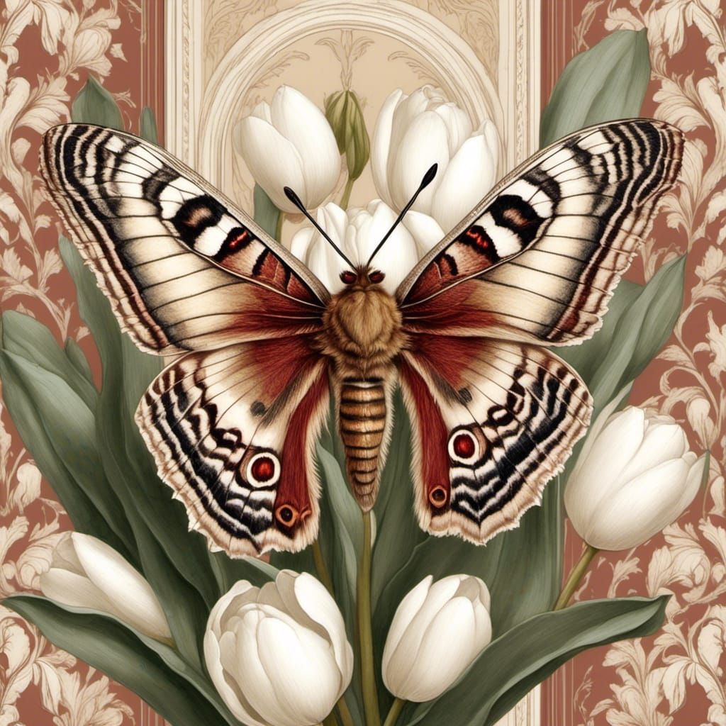 Baroque Polyphemus Moth on Tulips Illustration