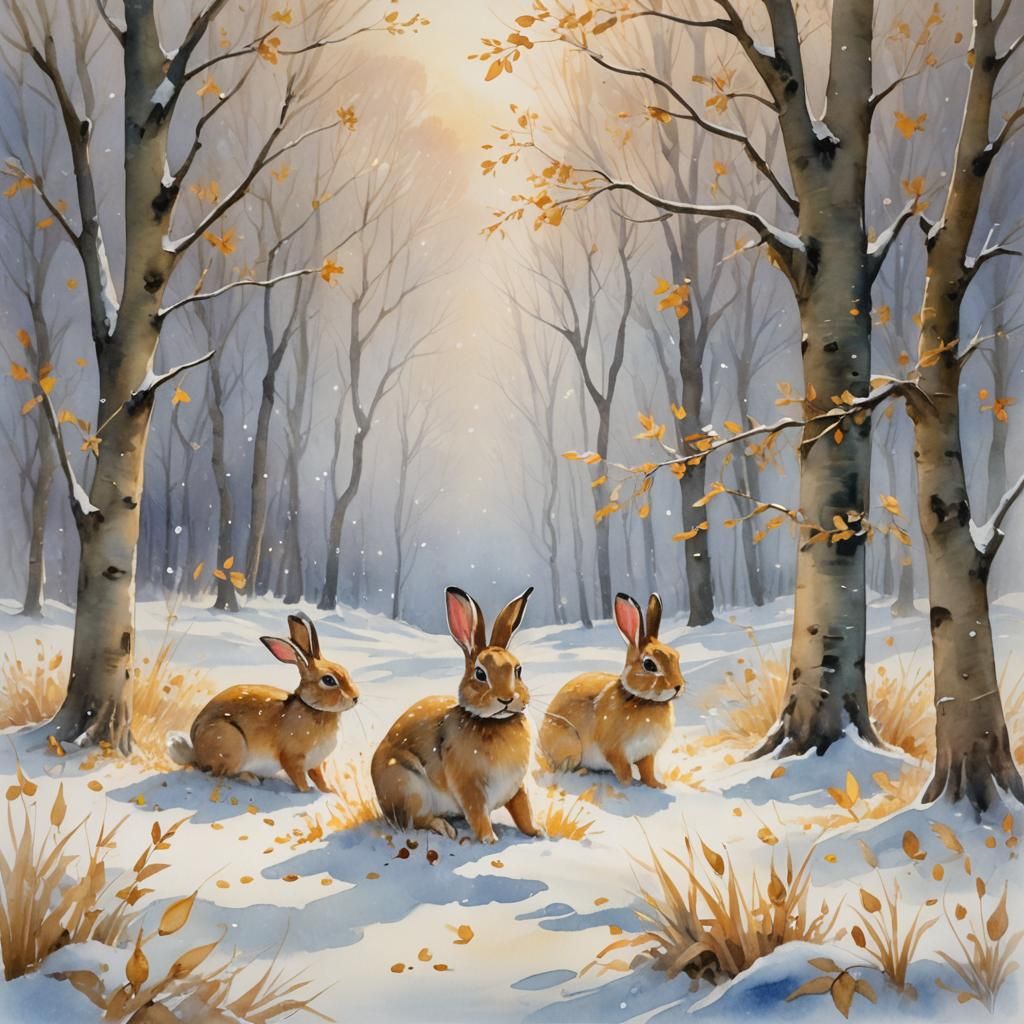 Whimsical Bunnies Playing in Snowy Watercolor Landscape