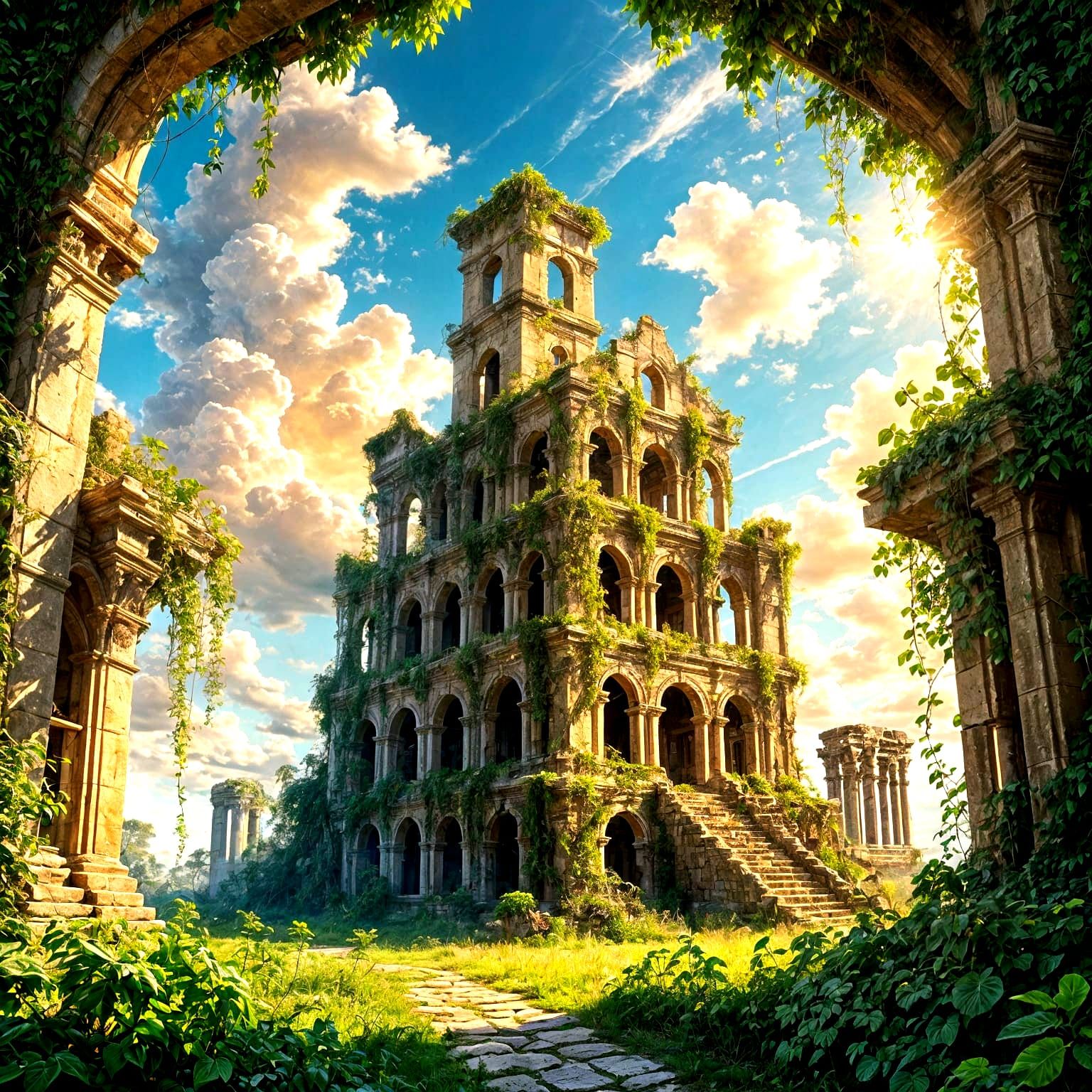 Sky Ruins Bathed in Golden Light