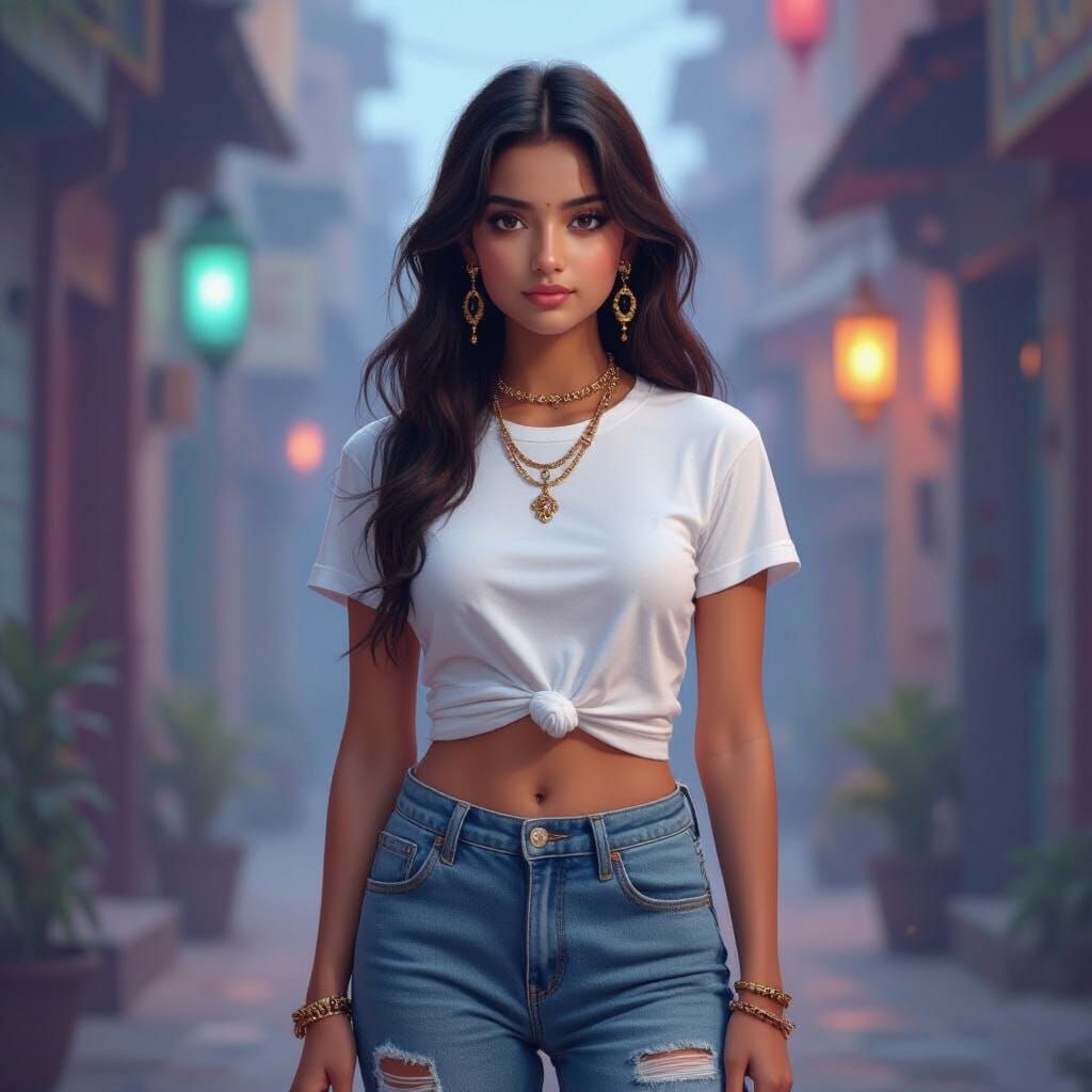 Indian Teen Girl in White T-Shirt with Jewelry