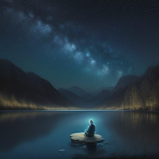 Serene Lake Under Starry Sky with Ethereal Glow