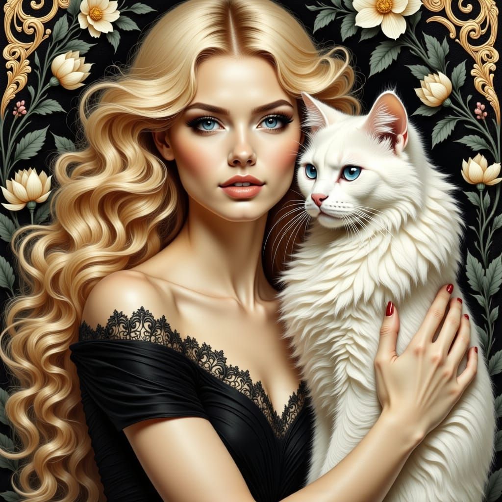 Art Nouveau Woman with Cat Portrait