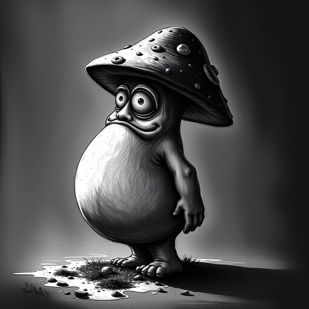 Hitchcock as an Anthropomorphic Mushroom in Black and White