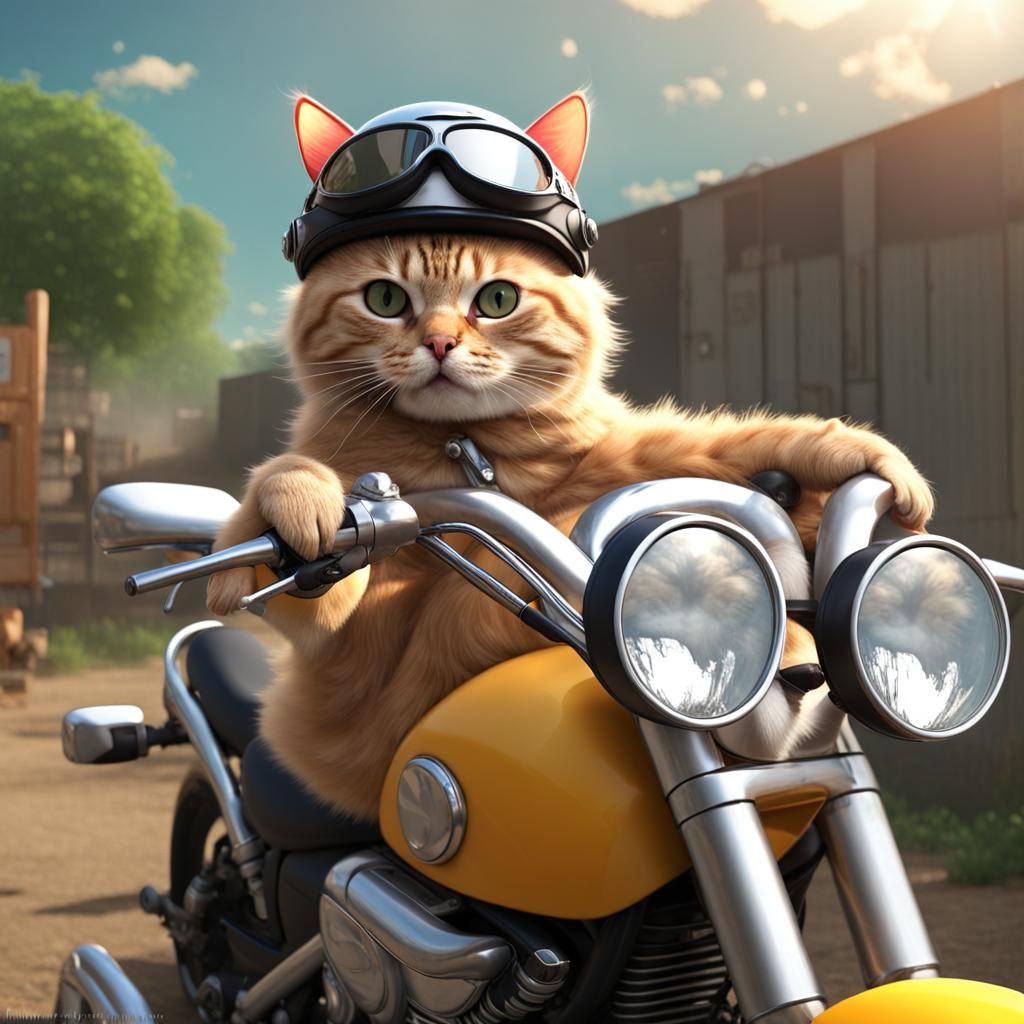 Cat Rides Motorcycle in Chicken Yard: Surreal 3D Art