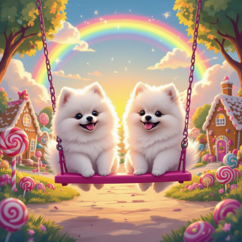 Pomeranians Swinging in Candy Land Playground at Sunset