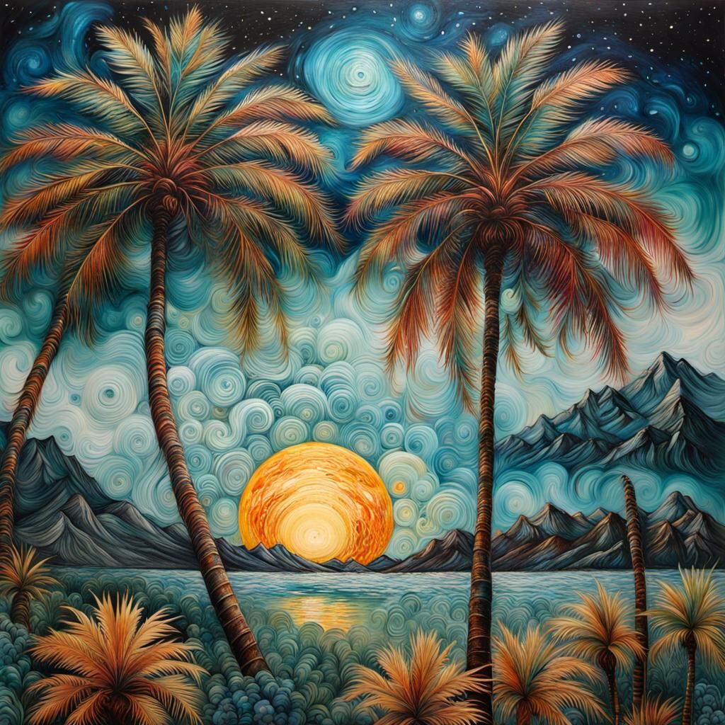 Encaustic Palm Trees with Space Background