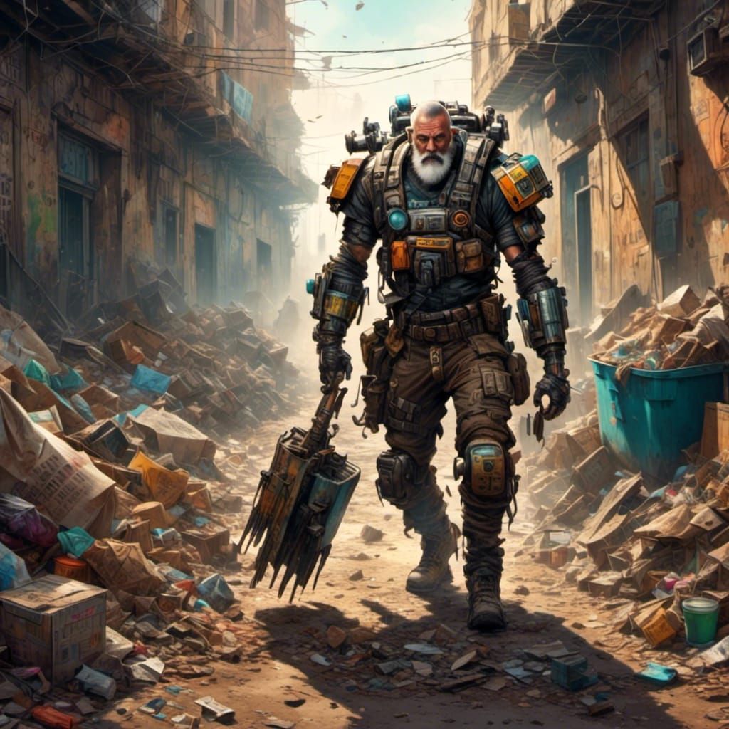 Garbage Collector with Robot Arms in Trashpunk Style