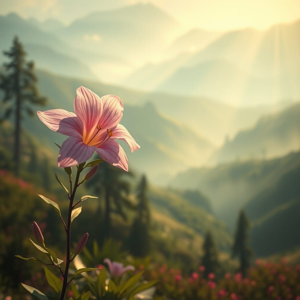 Dreamlike Valley: Alstroemeria Flower in Fantasy Landscape