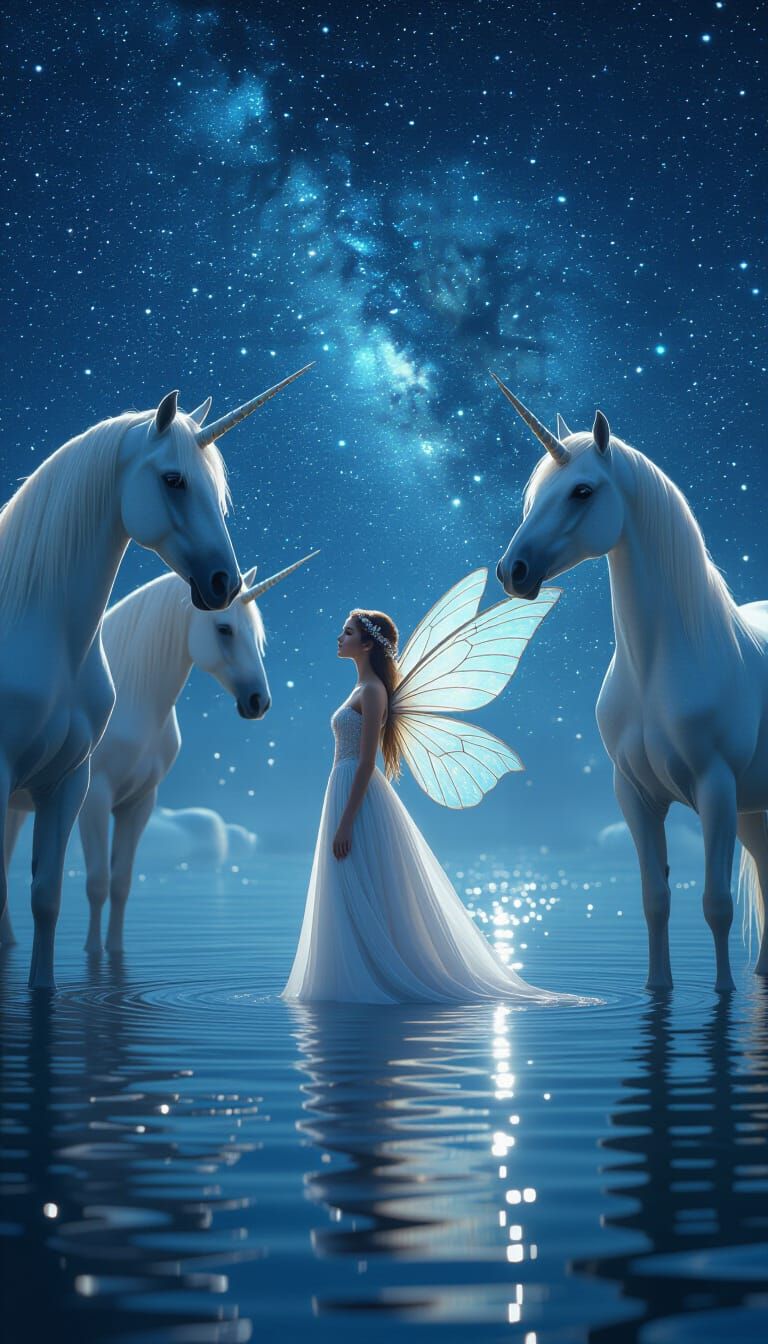 Ethereal Fairy and Unicorns Under Astral Stars